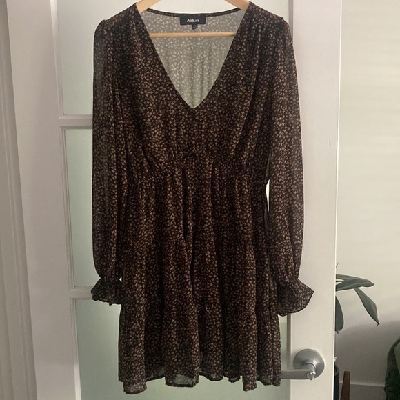 AAKAA brown and black floral chiffon boho dress, size medium - Picture 2 of 14